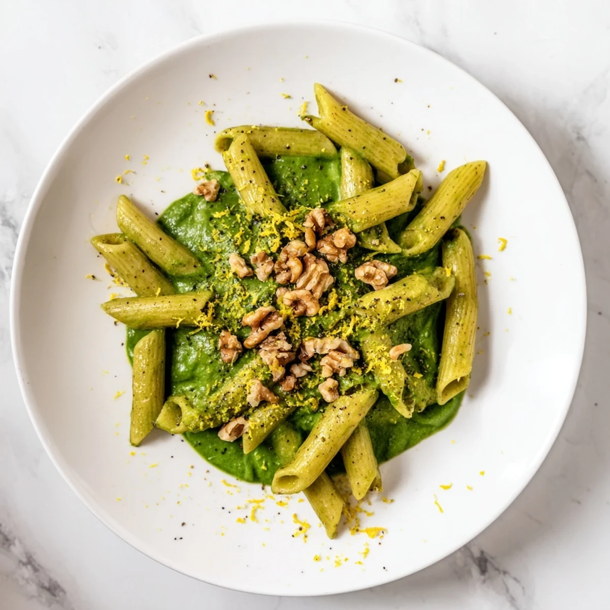 A comforting, vegan creamy spinach walnut pasta with lemon zest and olive oil, perfect for a quick weeknight dinner.