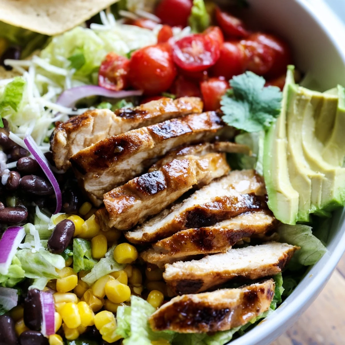 Freshly grilled Honey Lime Chicken slices rest on a bed of romaine, corn, and black beans in this vibrant taco salad.  