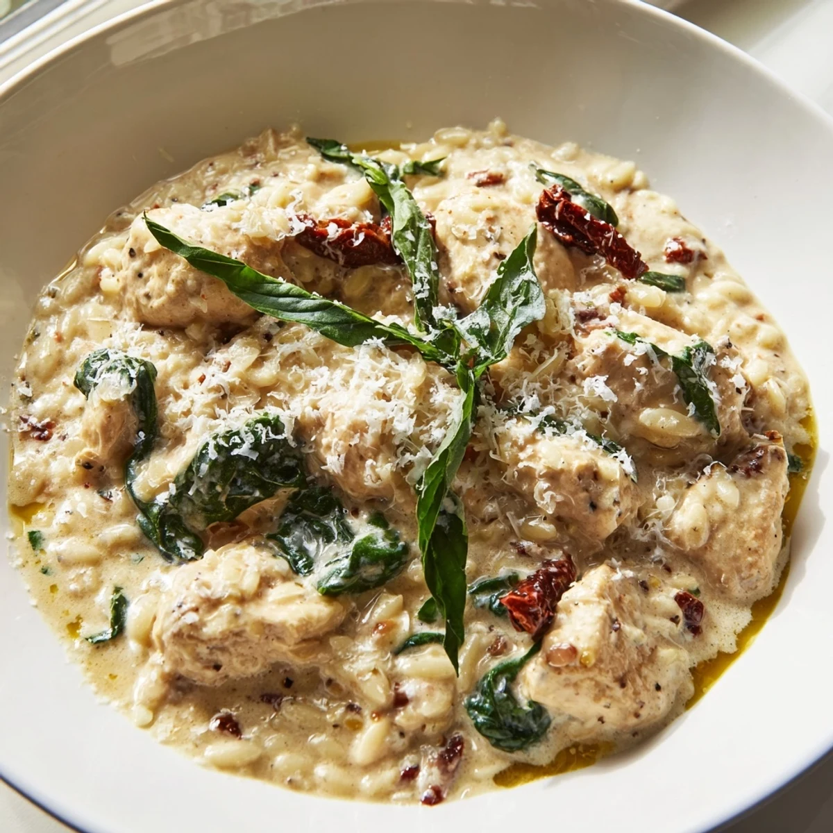 Golden chicken pieces and wilted spinach simmer in a creamy, cheesy sauce for this hearty and comforting Tuscan Chicken Orzo recipe.