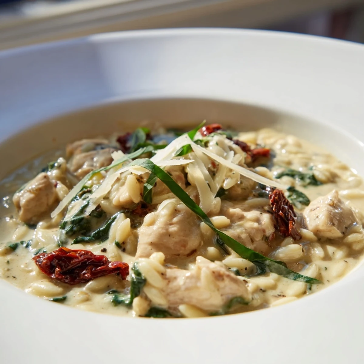 Fresh basil and grated Parmesan garnish this one-pan Italian meal, highlighting the vibrant colors and rich flavors of the Tuscan Chicken Orzo.