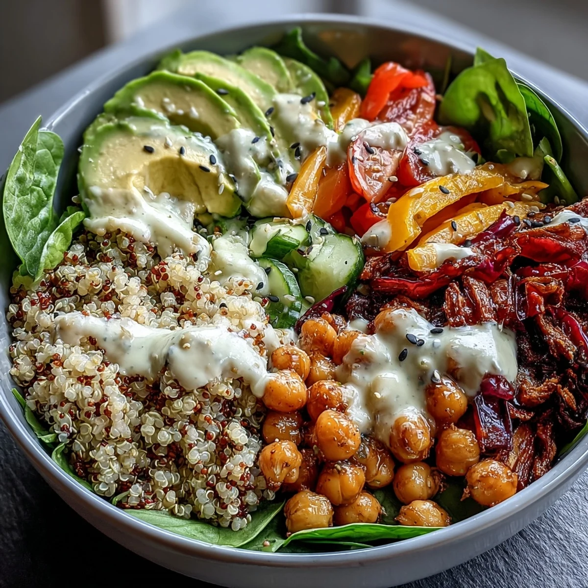 This vibrant Rainbow Buddha Bowl With Quinoa is filled with roasted vegetables and creamy avocado, drizzled with tahini dressing.