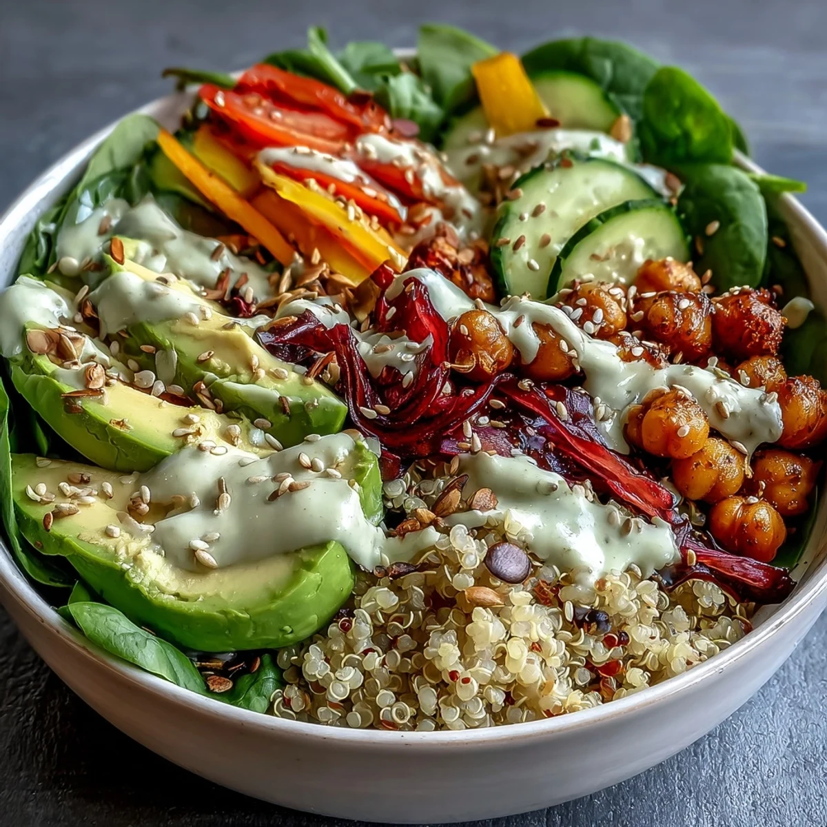 A wholesome vegetarian meal featuring fluffy quinoa, chickpeas, and colorful veggies arranged beautifully in a bowl.