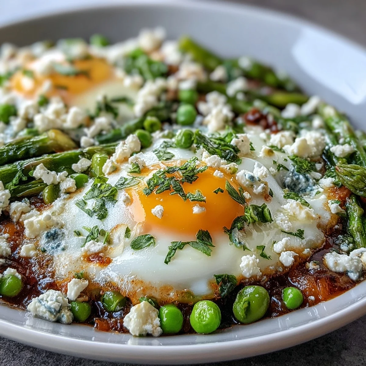 Hearty Pea and Broad Bean Shakshuka is served steaming from the skillet, garnished with fresh herbs and crumbled feta.