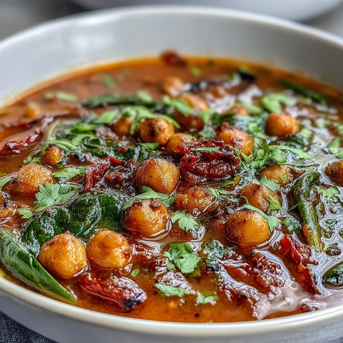 Steaming bowl of Spicy Chickpea Stew with vibrant vegetables, fresh cilantro garnish, and a lemon wedge.