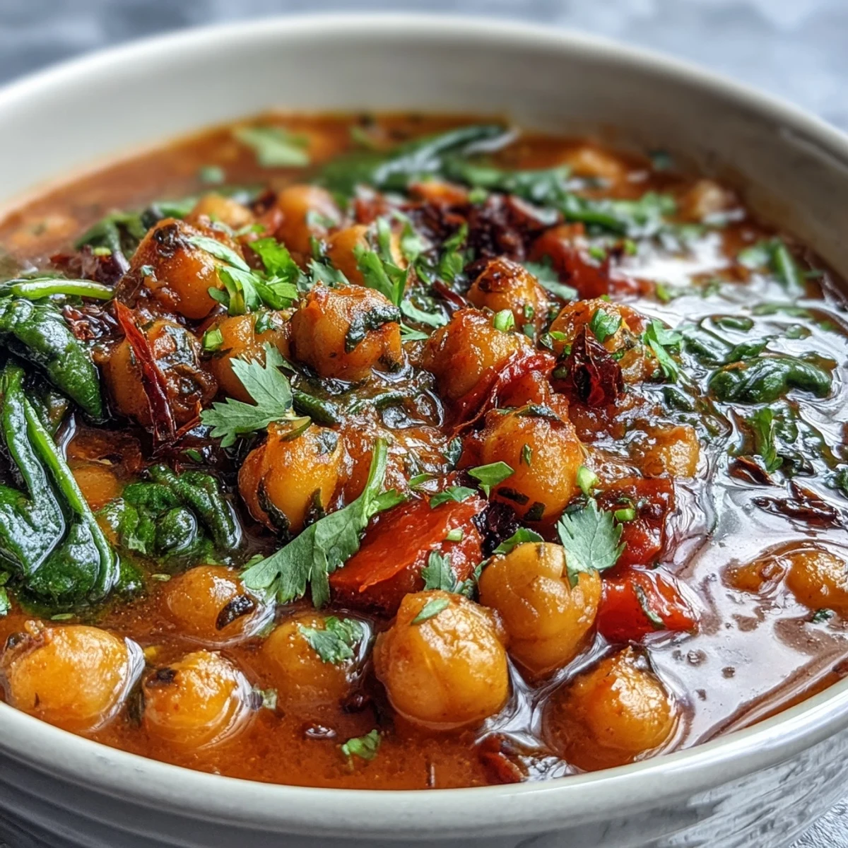 Vibrant red-orange Spicy Chickpea Stew featuring chickpeas, zucchini, and carrots, ready to be enjoyed for a healthy dinner.