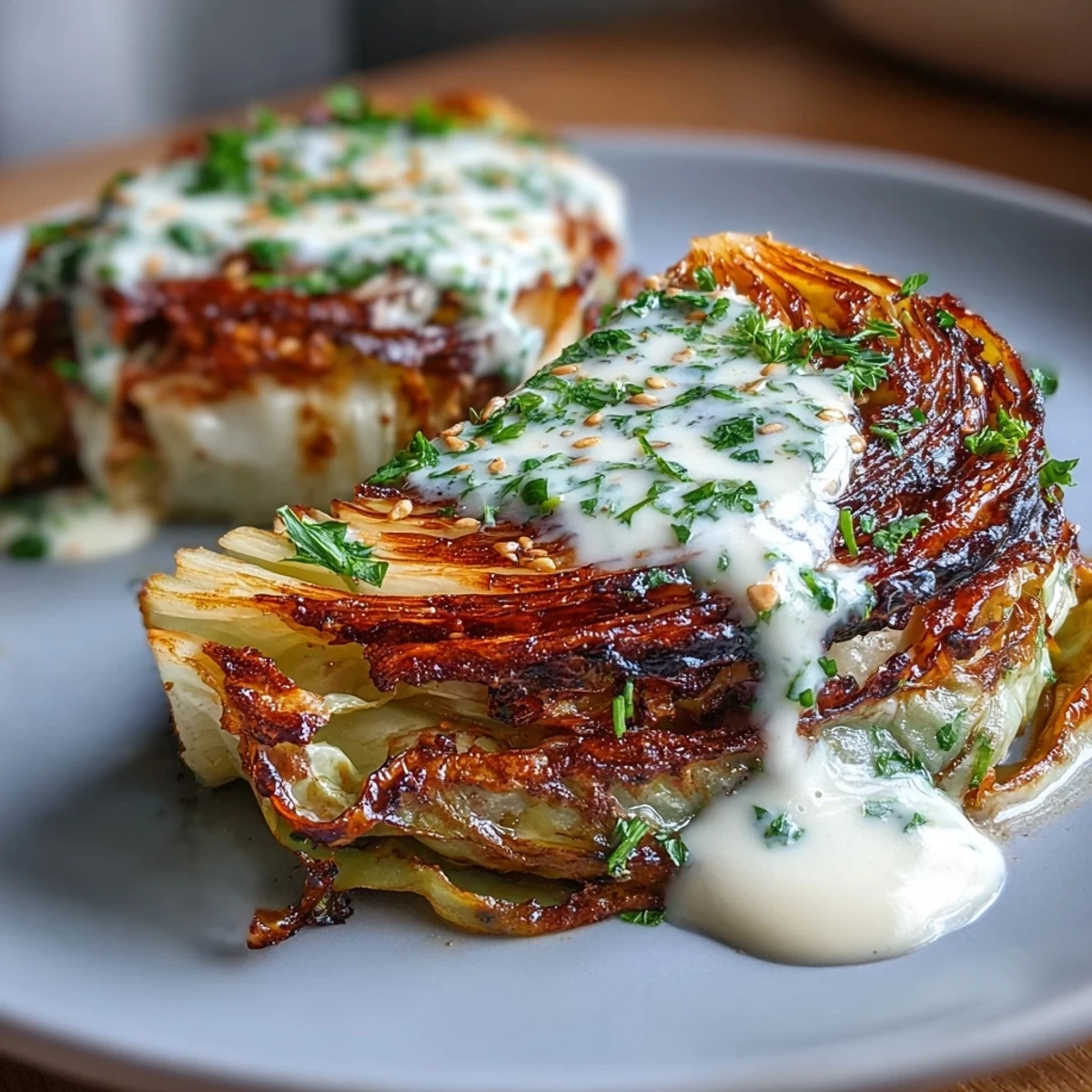 Tender, oven-roasted cabbage wedges garnished with toasted sesame seeds and paprika, paired with a rich, nutty tahini dipping sauce.