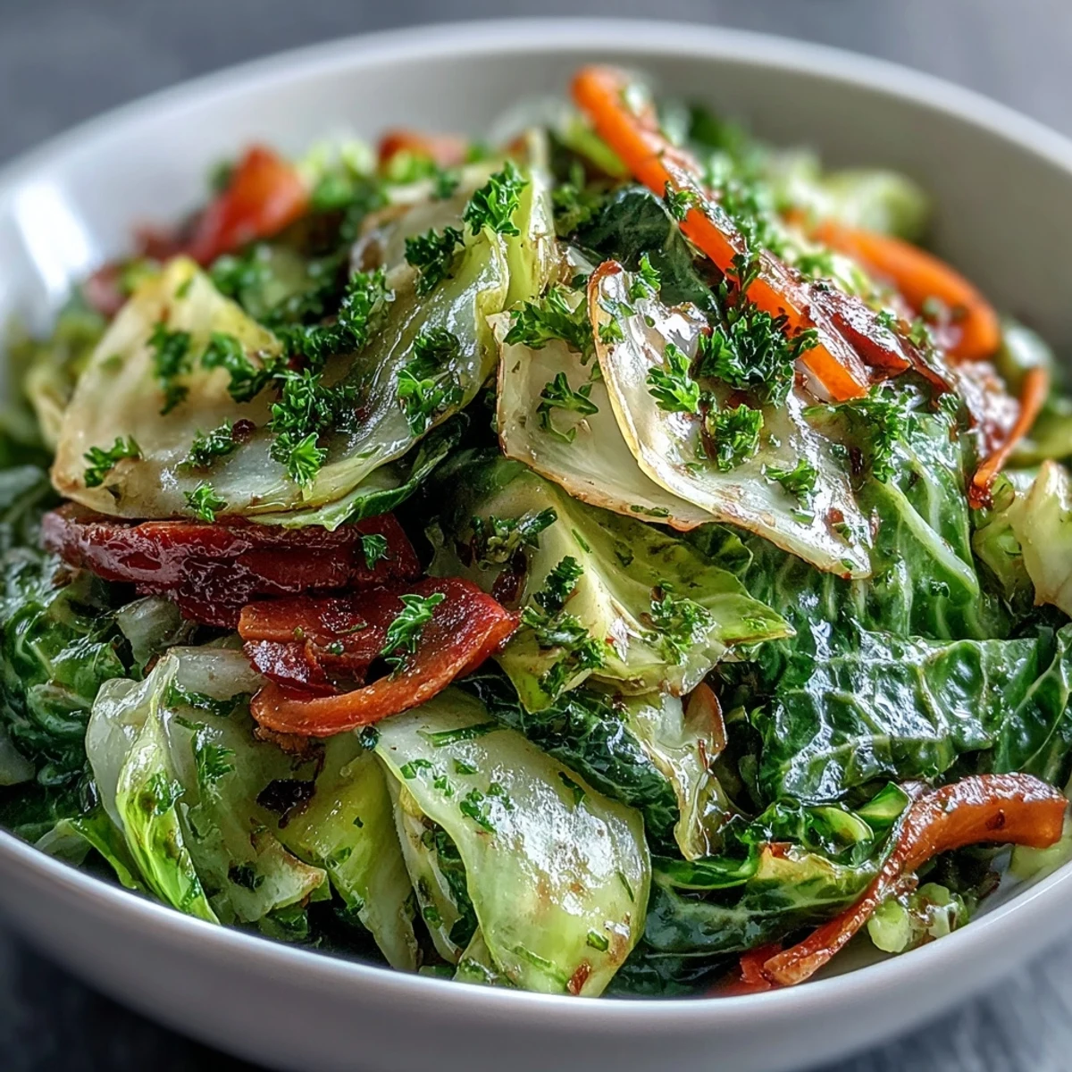 Sautéed cabbage salad with crisp carrots, red onion, and a tangy Dijon vinaigrette, served warm with toasted walnuts.  