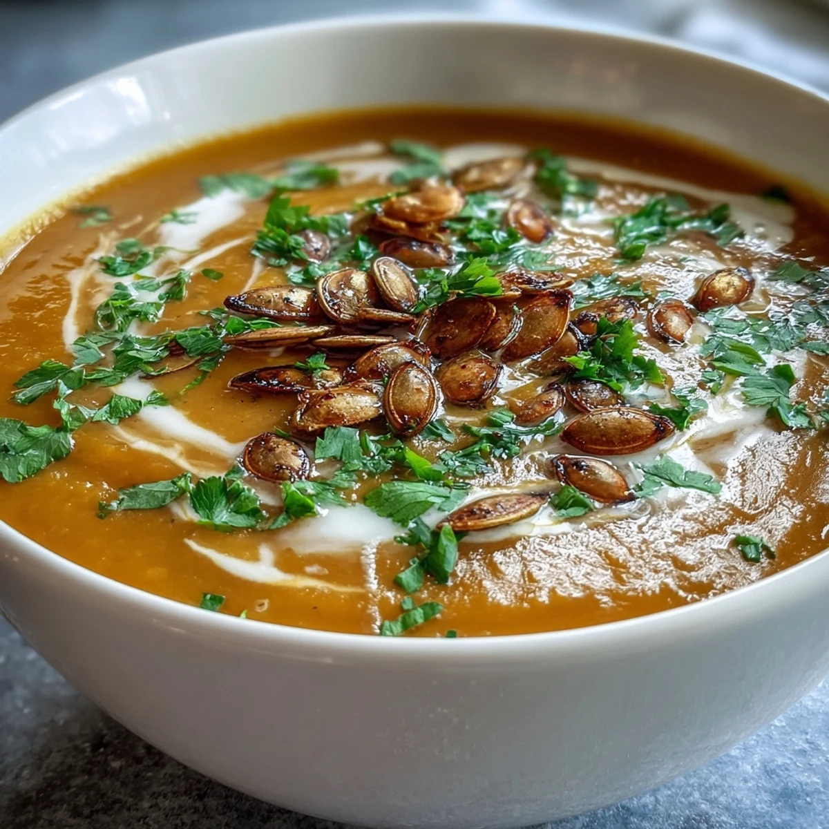 A bowl of creamy butternut squash soup garnished with toasted pumpkin seeds and fresh herbs, served as a cozy fall starter.