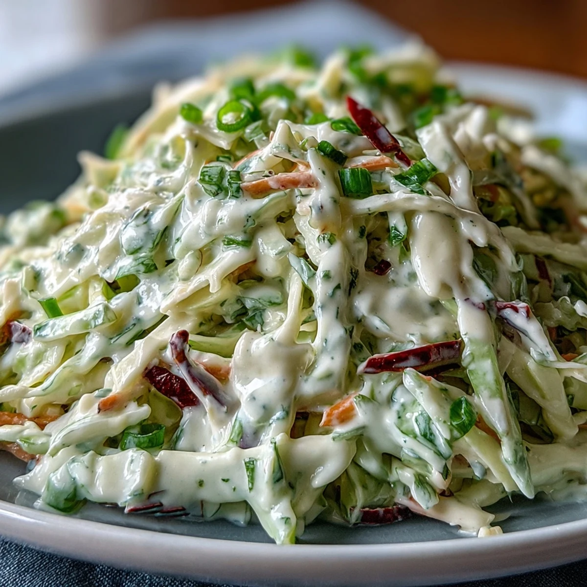 Freshly tossed Best Cabbage Coleslaw piled high in a glass serving dish, highlighting the crisp texture and glossy dressing, perfect for a summer barbecue side or picnic spread.