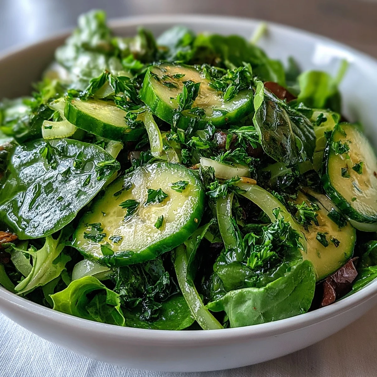 This Glowing Green Salad offers a hydrating medley of fresh vegetables and baby greens, finished with a light vinaigrette and optional seeds for a satisfying, vegan-friendly crunch.