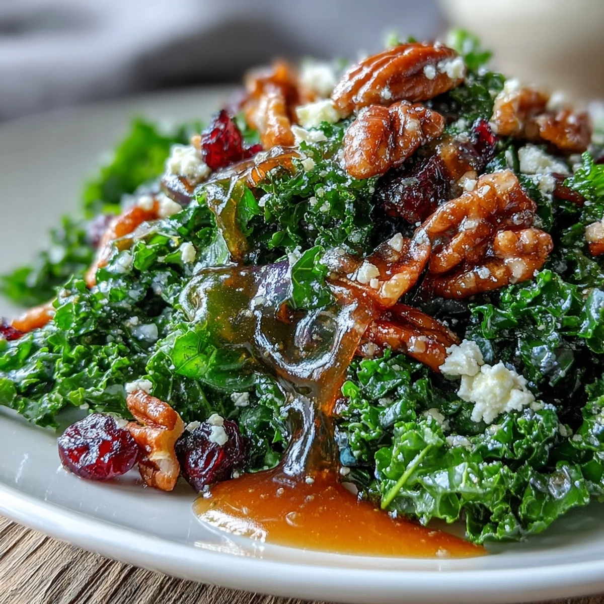 Freshly prepared Warm Maple Mustard Kale Salad in a white bowl, with tender kale, sweet cranberries, toasted walnuts, and crumbled feta cheese.