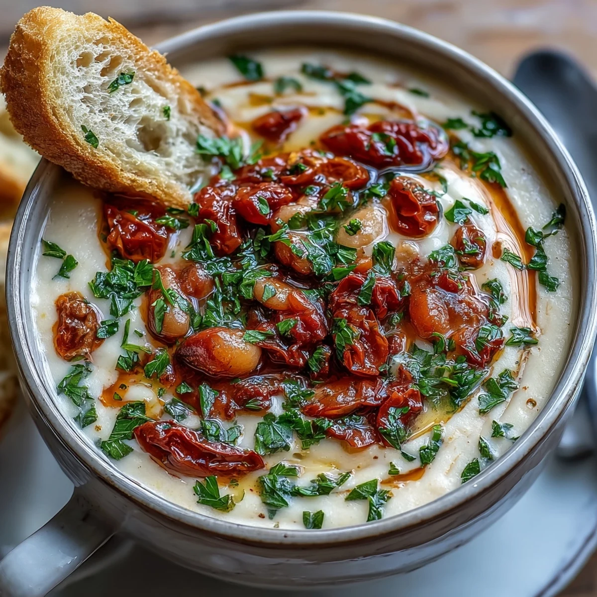 Creamy White Bean Soup with Tomato is served steaming hot in a rustic bowl with fresh parsley garnish.