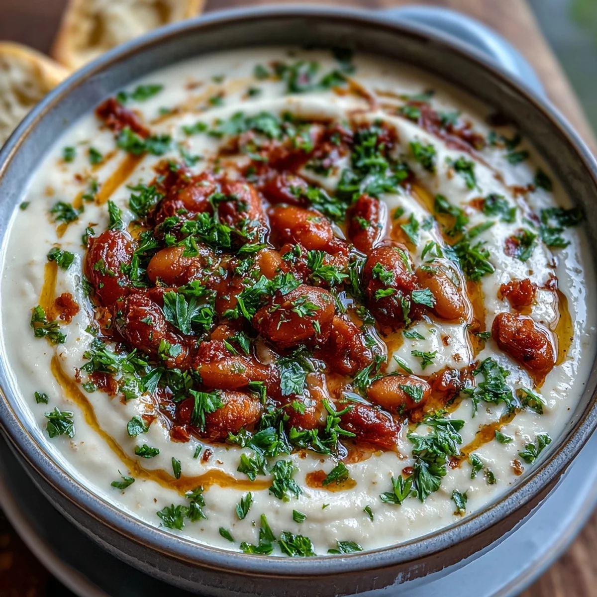 A close-up of White Bean Soup with Tomato topped with basil, ready to enjoy alongside crusty bread.
