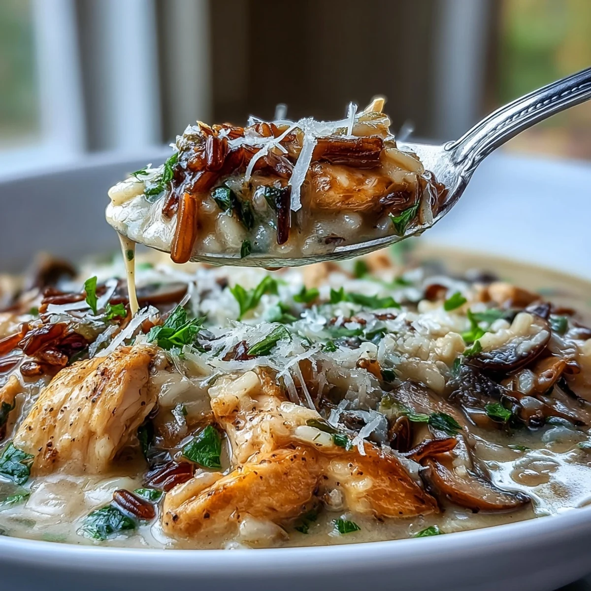 Hearty bowl of Parmesan Mushroom Chicken and Wild Rice Soup garnished with parsley.