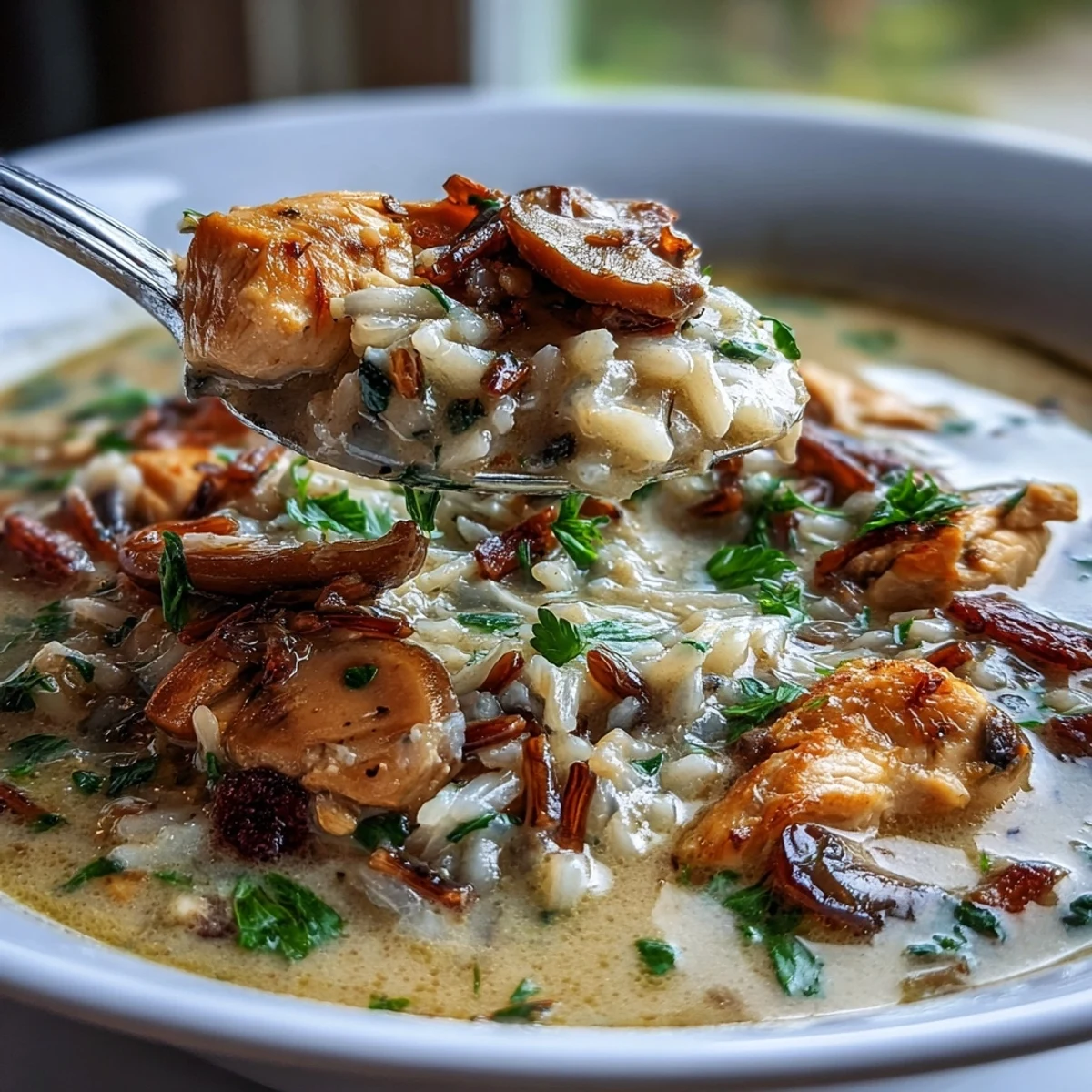 Close-up of savory Parmesan Mushroom Chicken and Wild Rice Soup with tender mushrooms.
