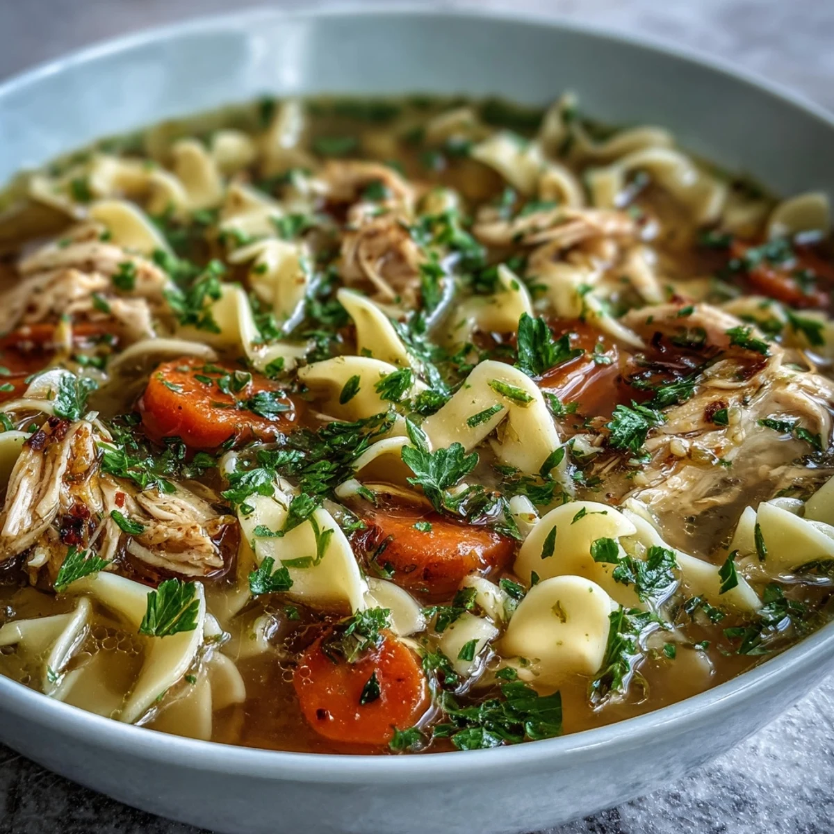 Golden-hued Chicken and Noodle Soup with tender shredded chicken, carrots, and celery in a rich, savory broth.