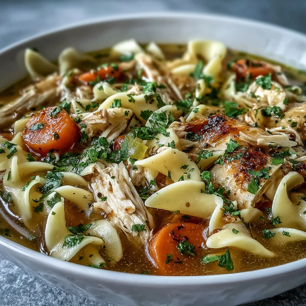 Comforting homemade Chicken and Noodle Soup in a rustic ceramic bowl, ready to be served with crusty bread.