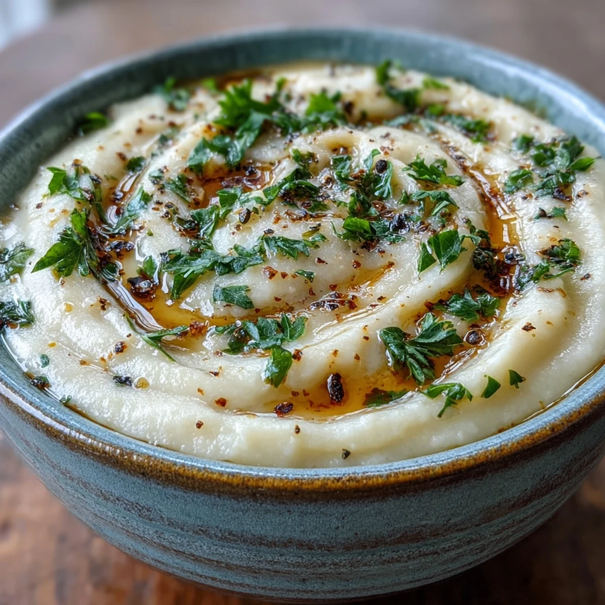 Spoon dipping into a bowl of homemade White Bean and Parmesan Soup, served with crusty bread.