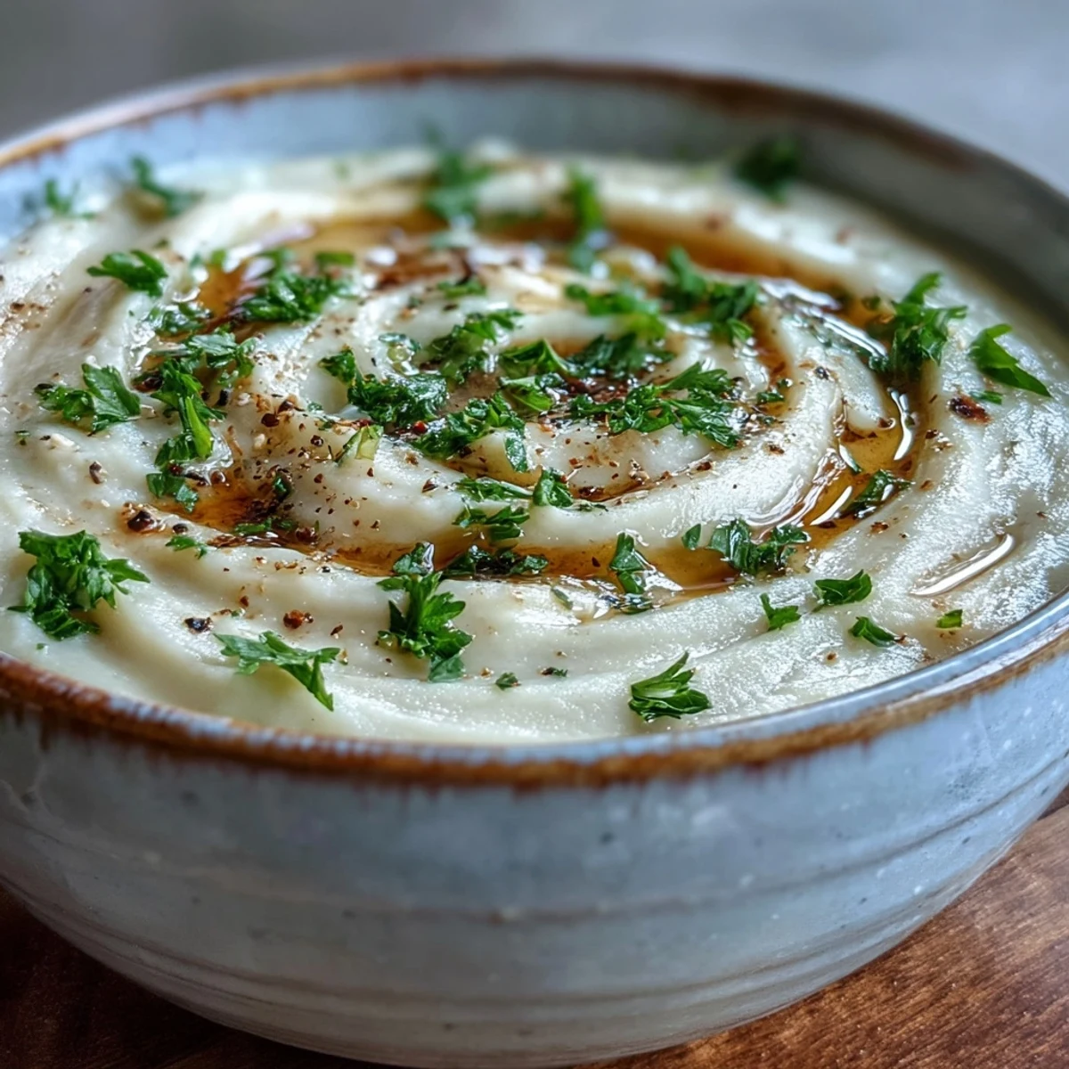A close-up of silky White Bean and Parmesan Soup in a rustic bowl with steam rising above.