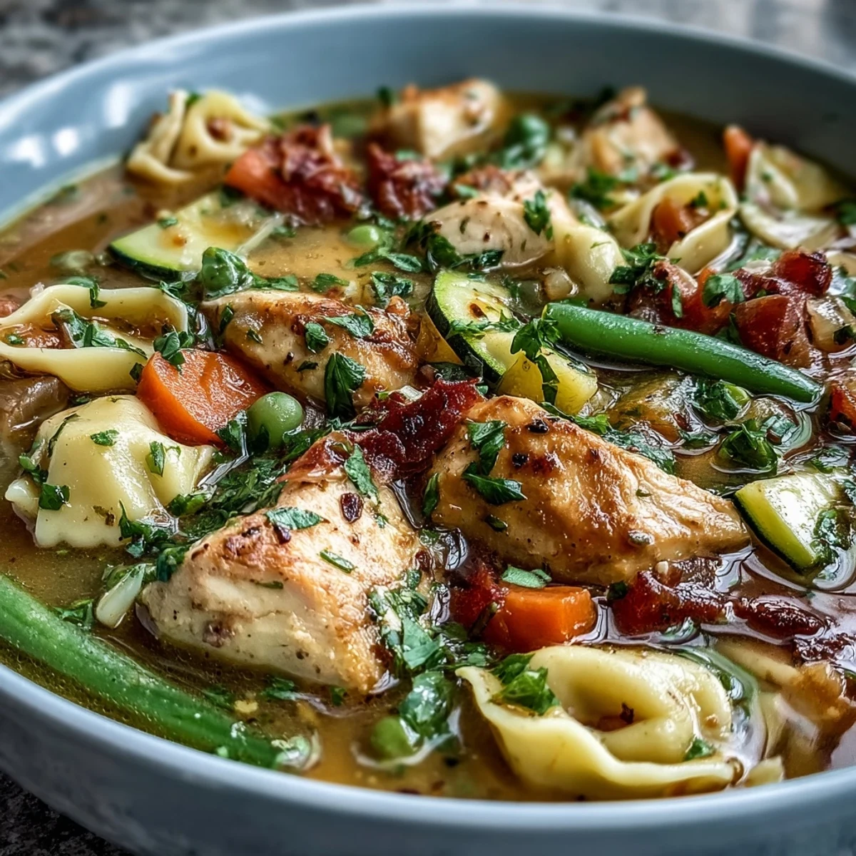 Steaming bowl of Pasta Soup With Chicken and Vegetables, garnished with fresh parsley.