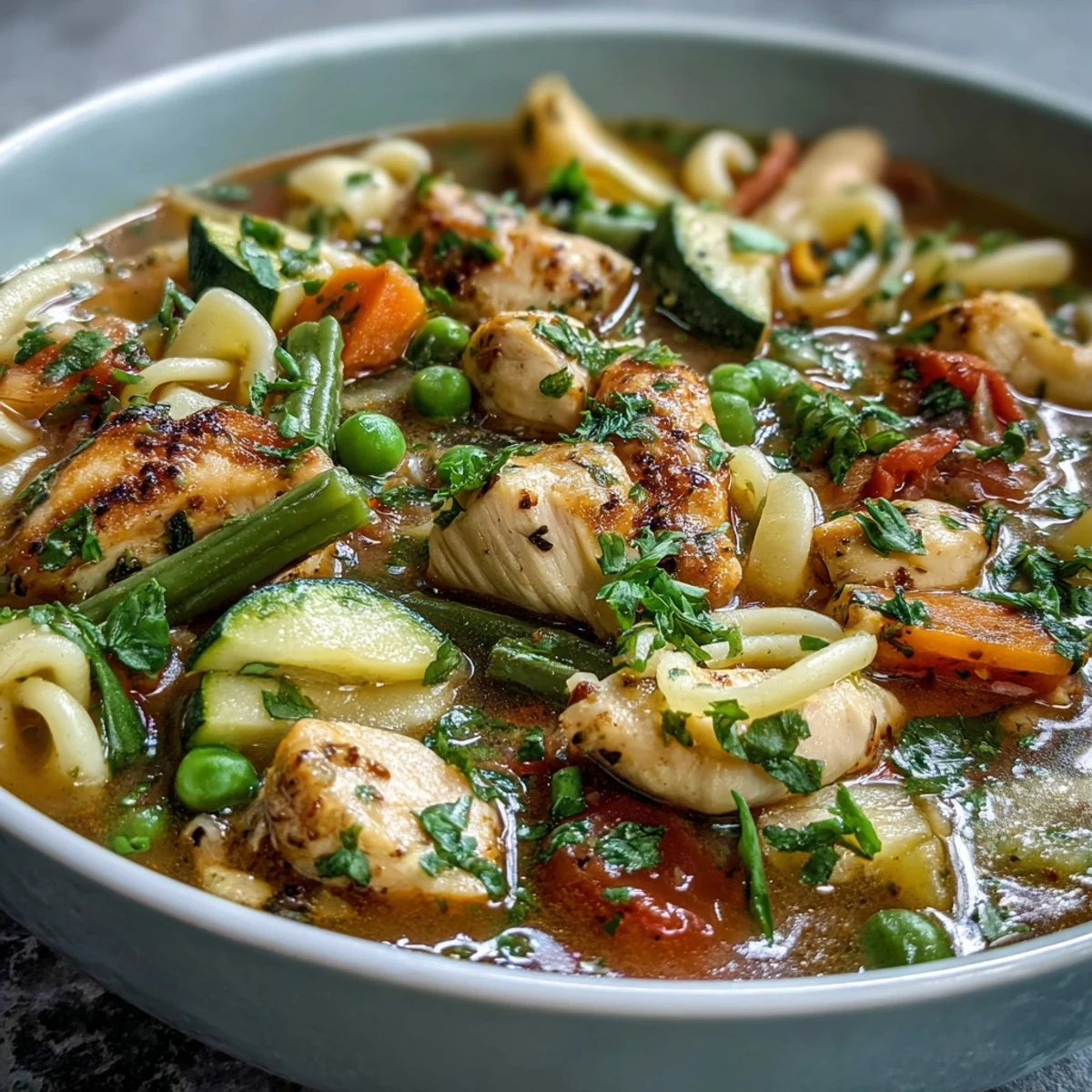 Close-up of Pasta Soup With Chicken and Vegetables in a rustic bowl, ready to serve.