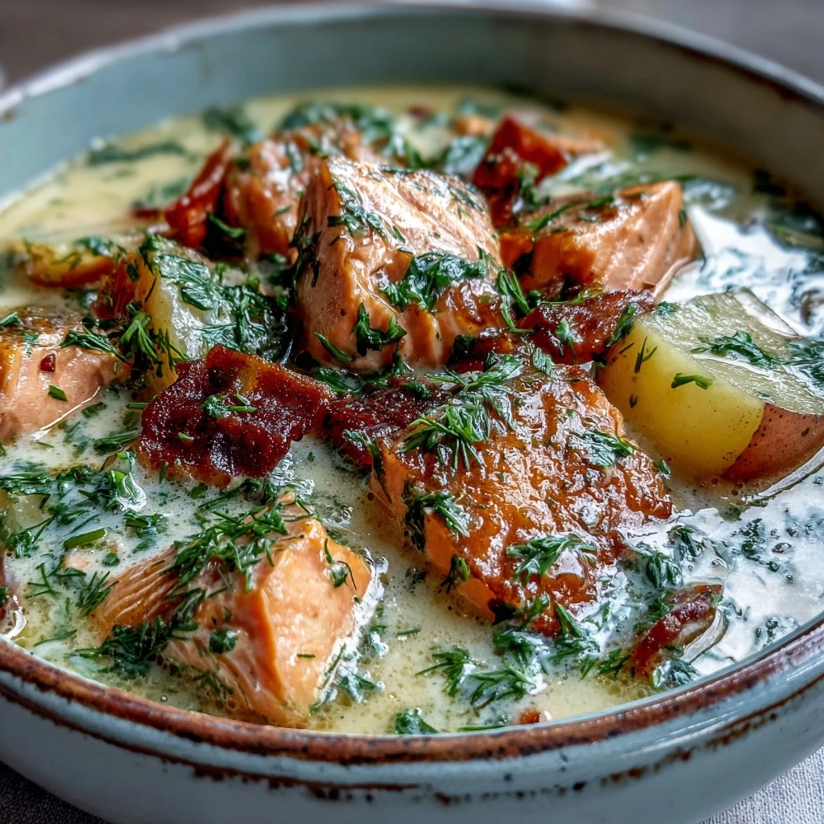 Creamy Finnish Salmon Soup with tender salmon cubes, soft potatoes, and fresh dill garnish in a rustic white bowl.  