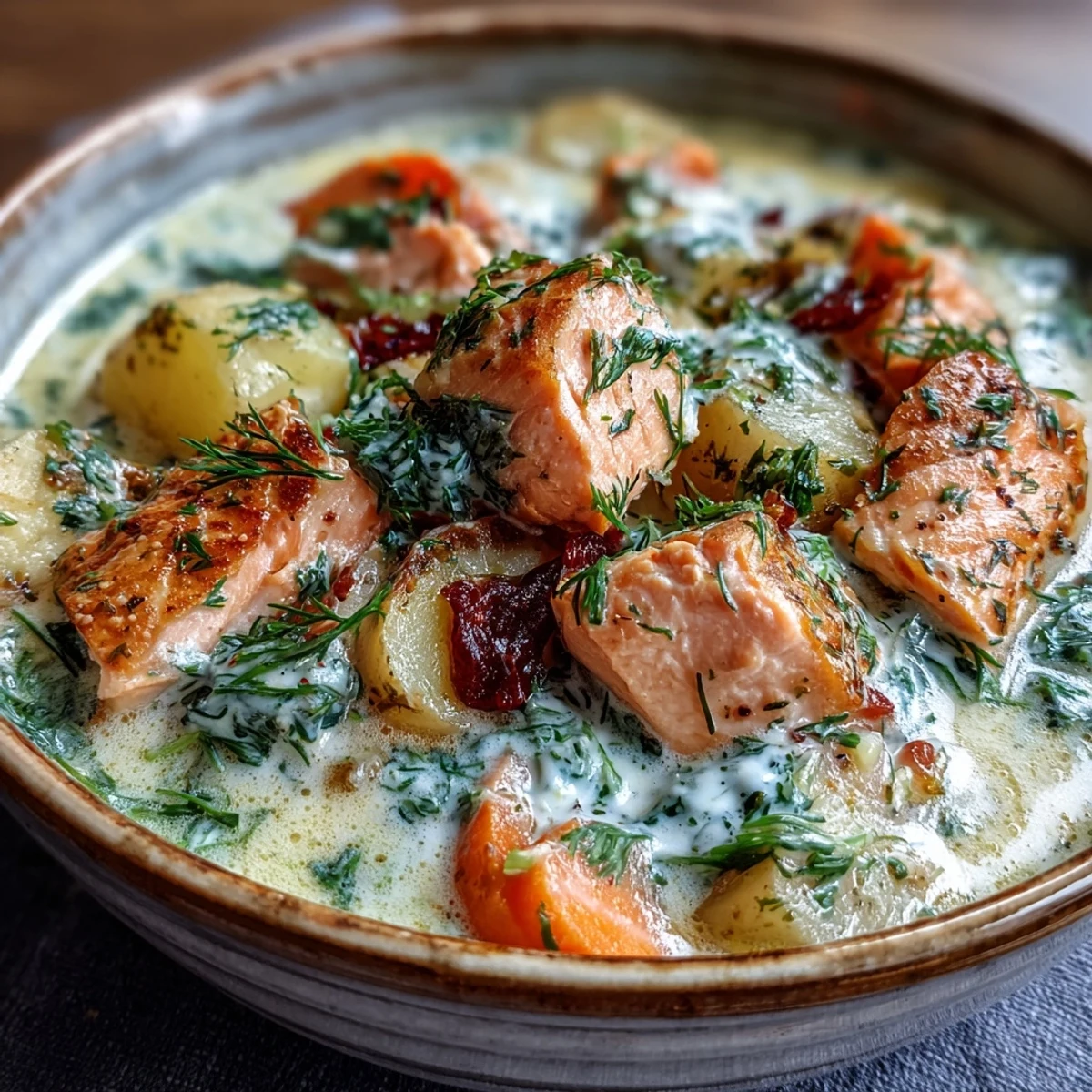 Steaming Finnish Salmon Soup ladled into a bowl, featuring flaky salmon, potatoes, and dill on a wooden table.  