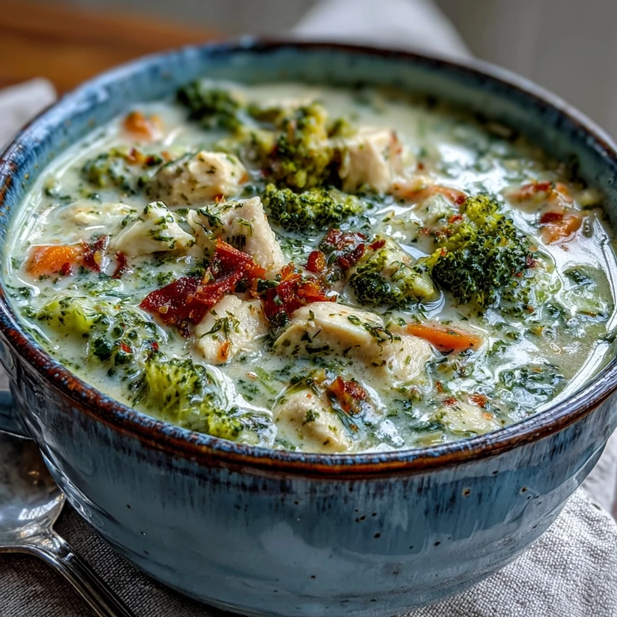 Creamy Best Chicken Broccoli Cheddar Soup steaming in a rustic bowl, topped with extra sharp cheddar and fresh herbs. 