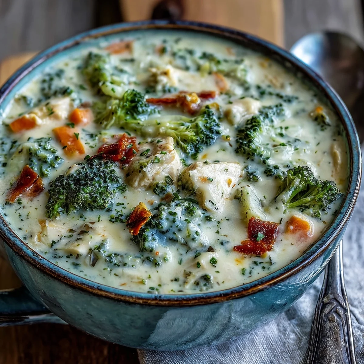 Garnished bowl of Best Chicken Broccoli Cheddar Soup served with a slice of crusty bread on a checkered napkin.
