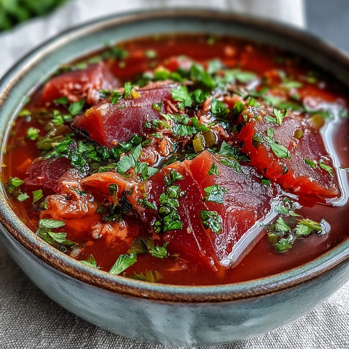 Steaming bowl of Italian-inspired Tuna and Tomato Soup, garnished with fresh parsley.