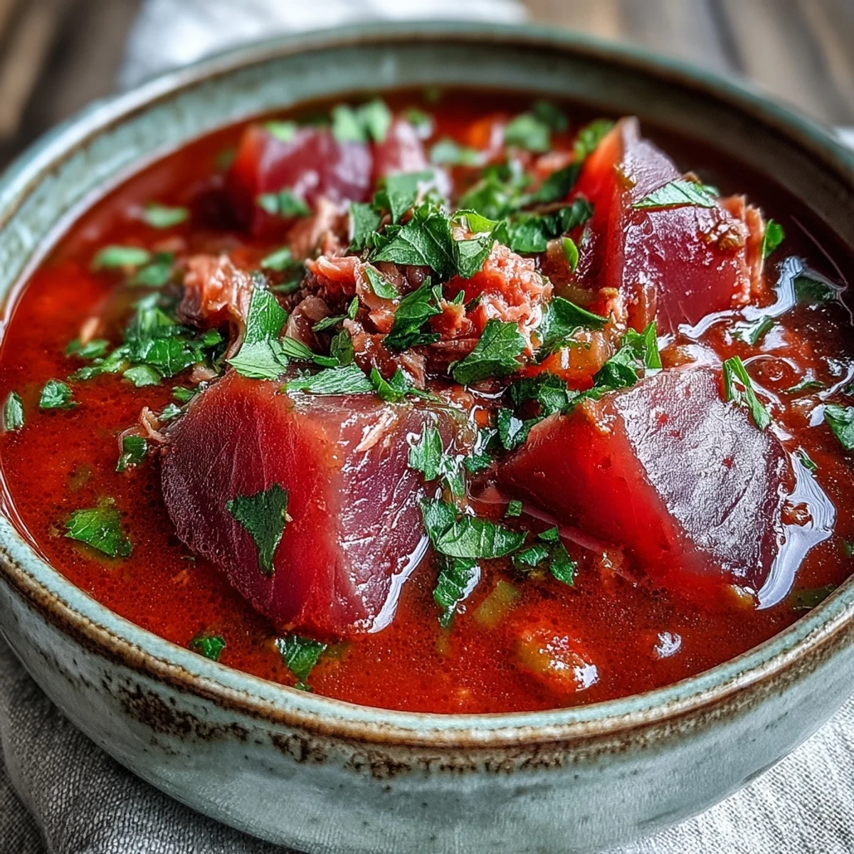 A rustic mug of Tuna and Tomato Soup paired with crusty bread for dipping.