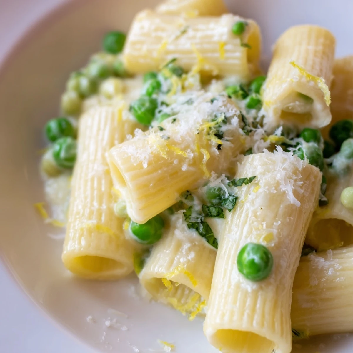 A close-up of Pea & Lemon Ricotta Pasta with creamy ricotta sauce coating rigatoni, bright green peas, and fresh lemon zest, garnished with basil leaves on a rustic wooden table.  