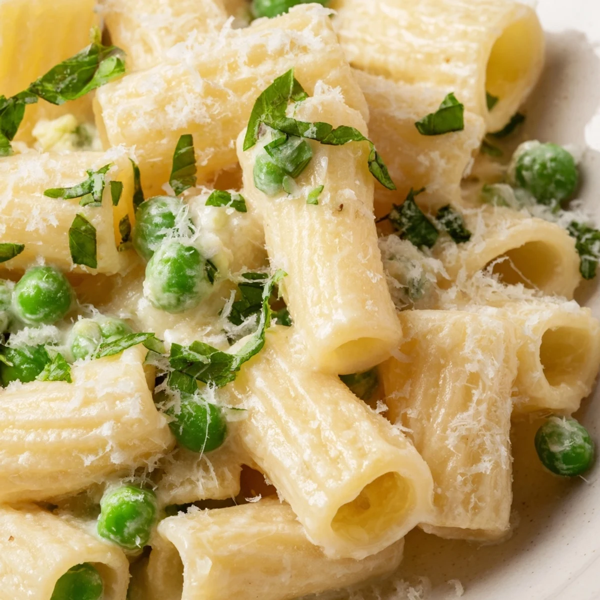 Overhead view of Pea & Lemon Ricotta Pasta in a shallow bowl, featuring al dente rigatoni tossed with sweet peas and a tangy lemon-ricotta drizzle.