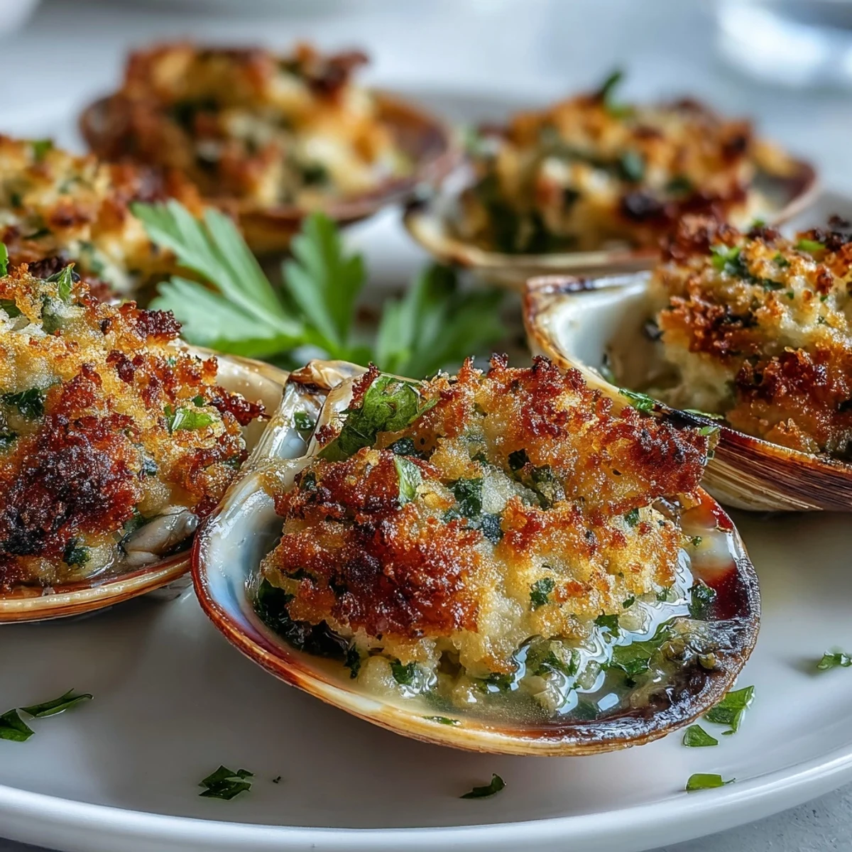 Golden, roasted clams topped with zesty lemony panko, served hot with fresh parsley and lemon wedges.