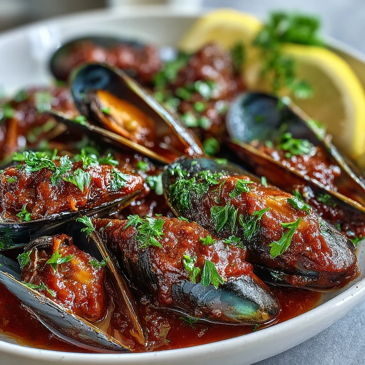 Freshly cooked Smoky Mussels Pomodoro simmering in a vibrant tomato broth with onions and garlic.