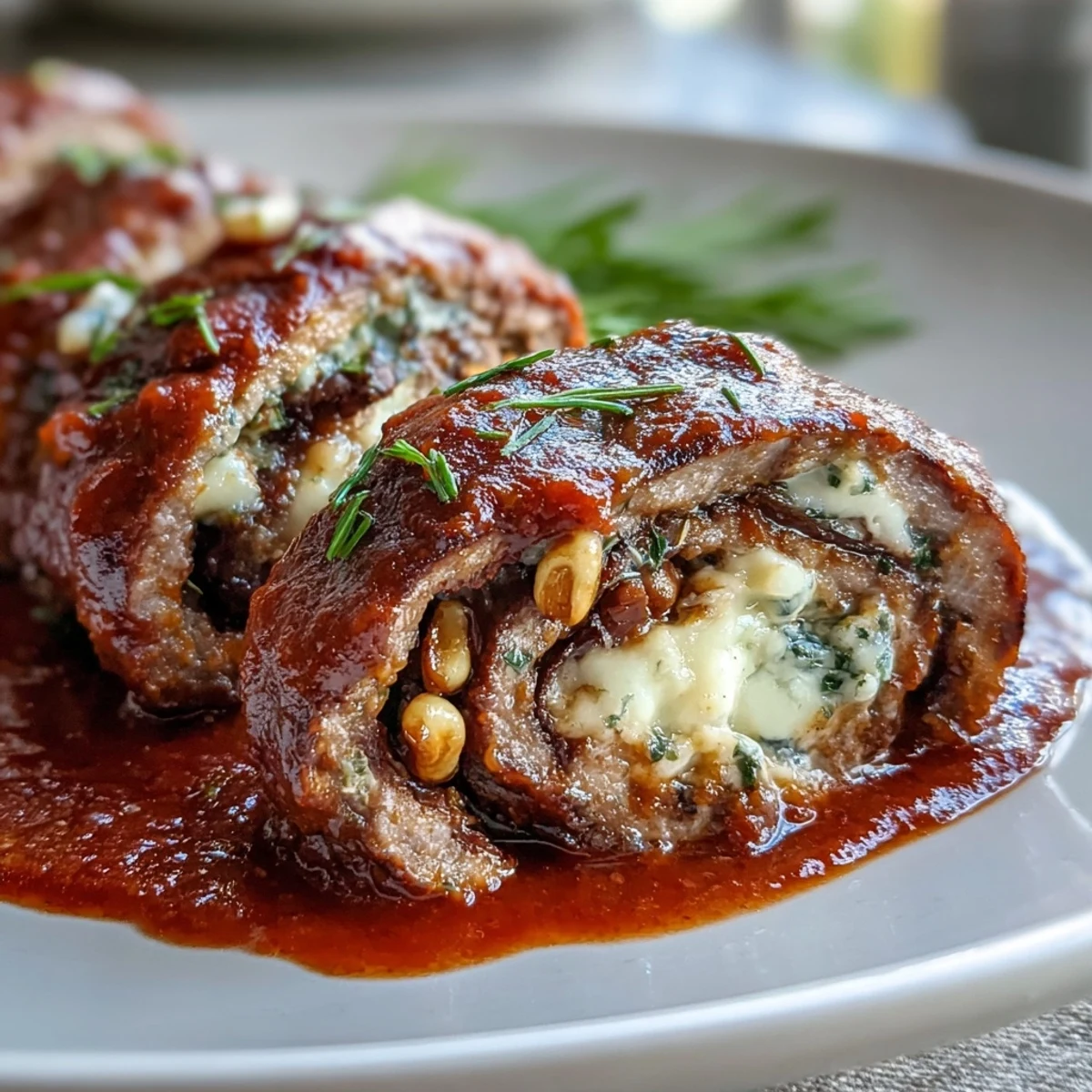 Freshly seared Sicilian-Style Braciole rolls stuffed with raisins, pine nuts, and herbs ready for braising.