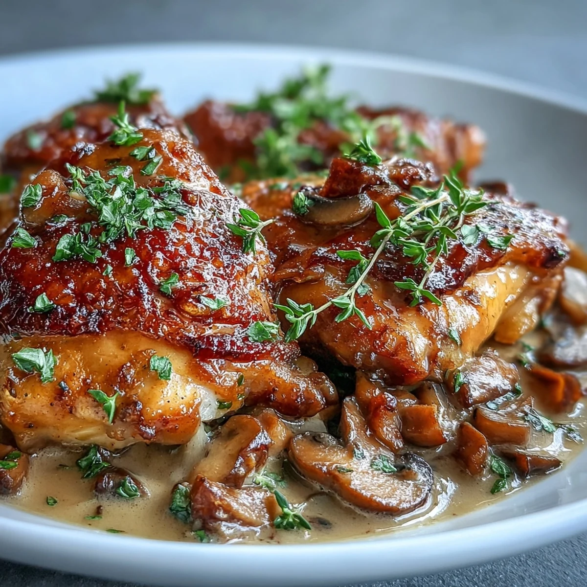 A close look at juicy Coq au Vin Rosé chicken pieces and carrots in a glossy, rose-hued French sauce.