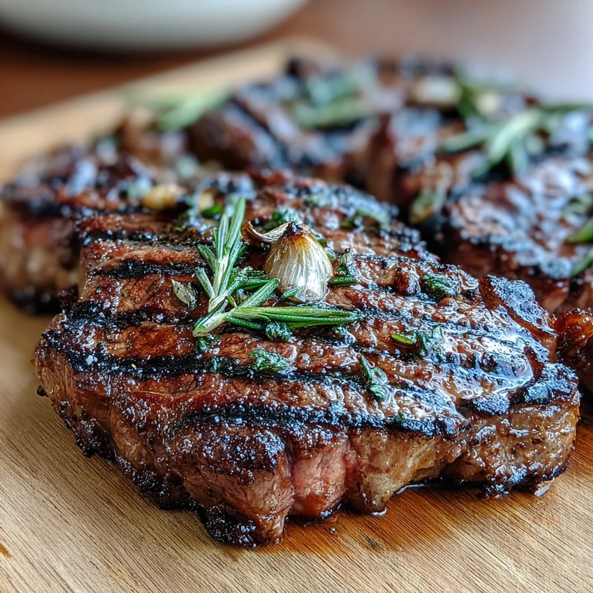 Close-up of a juicy grilled bone-in rib eye steak, beautifully charred and resting with buttery parsley potatoes and grilled asparagus.