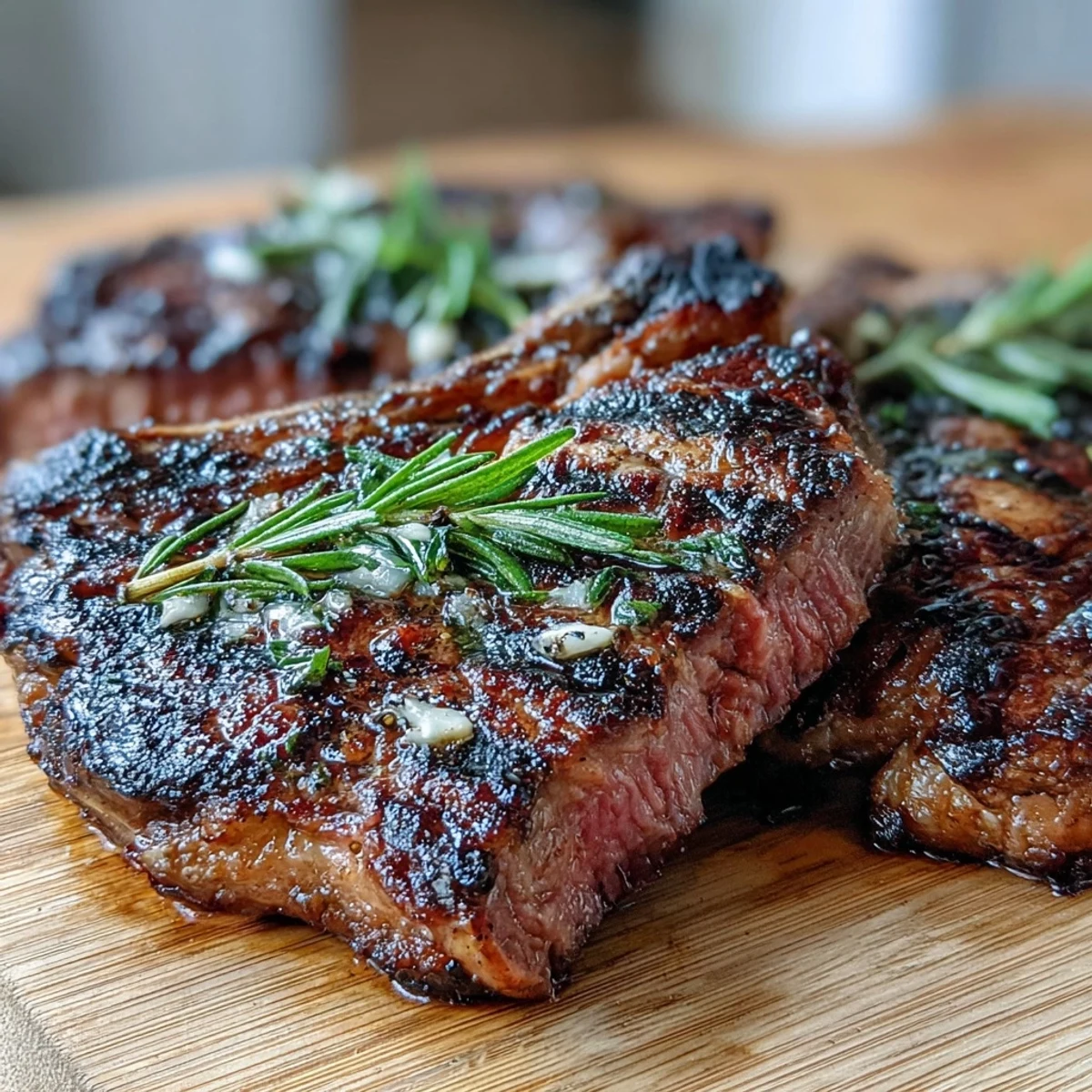 Thick-cut bone-in rib eye steak hot off the grill, paired with roasted baby potatoes and asparagus for a complete meal.
