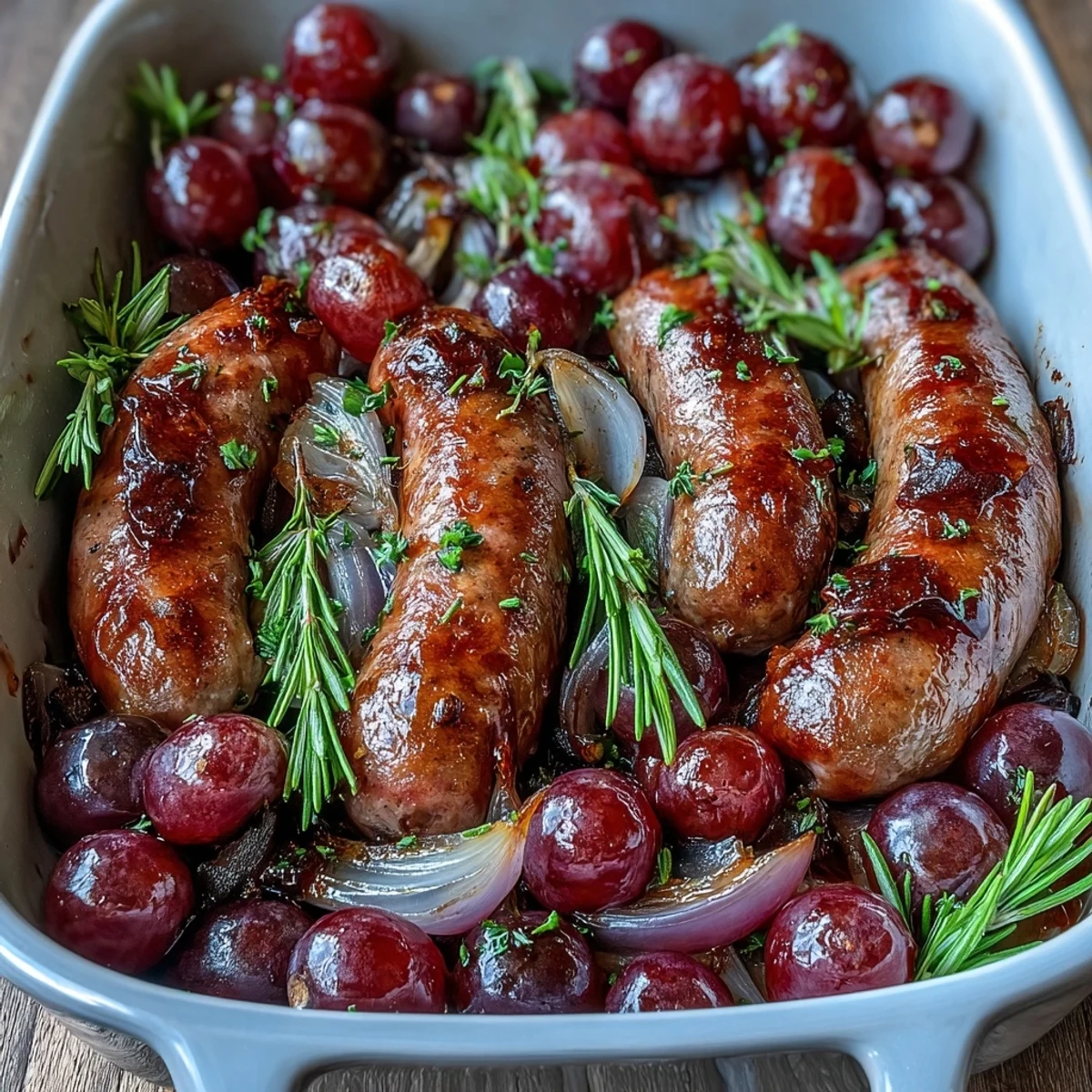 Golden roasted Italian sausages with caramelized red grapes and onion wedges, finished with fresh rosemary for a savory-sweet main dish.