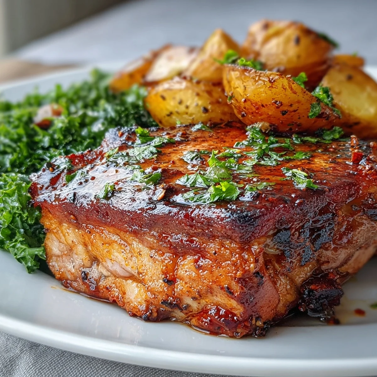 Roasted Aleppo pork chops resting alongside tender potatoes and lemony greens on a rustic wooden serving platter.