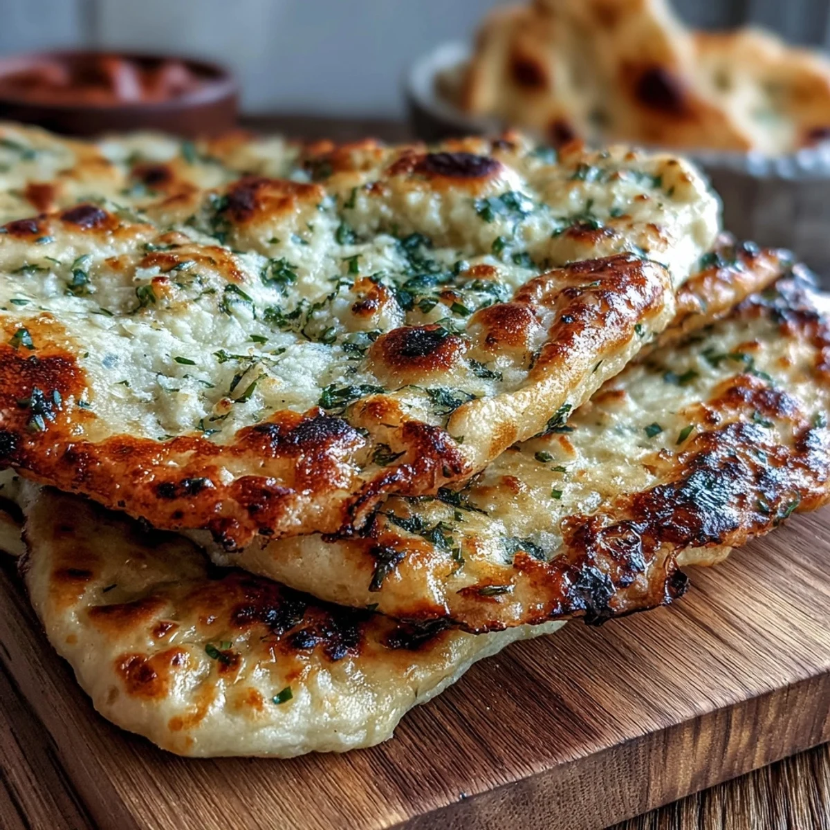 The Best Easy Garlic Naan Bread with charred spots and buttery gloss, ready to tear and scoop up lentil dal.
