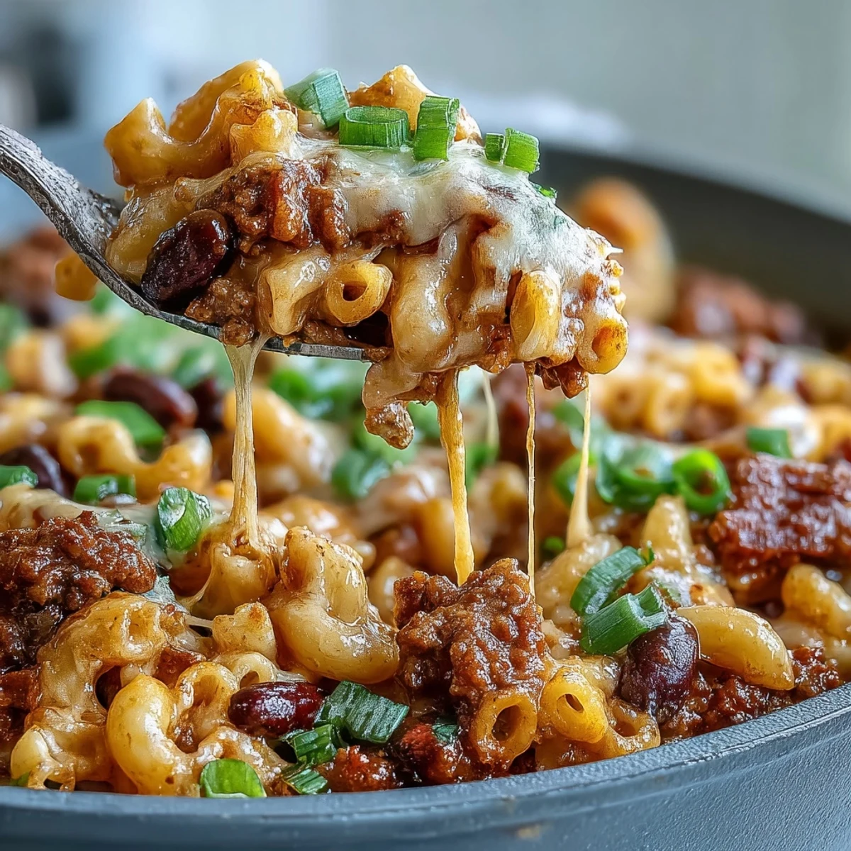 Hearty One-Pan High Protein Chili Mac topped with green onions and sour cream in a rustic bowl.