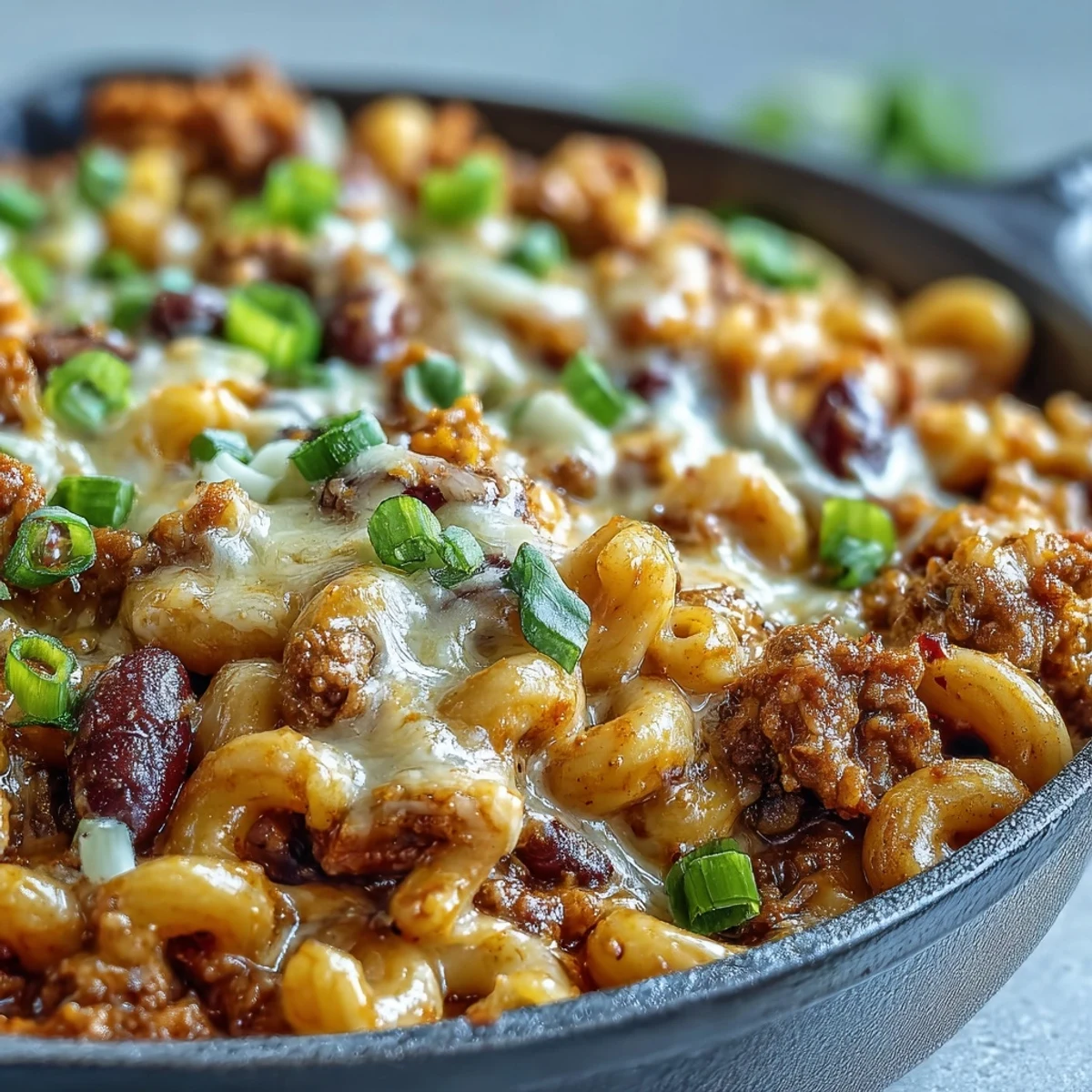 Steaming One-Pan High Protein Chili Mac with gooey cheddar and beans, served next to crunchy tortilla chips.