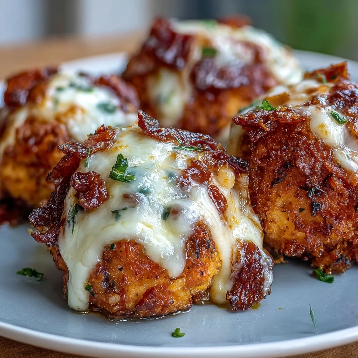 Golden-brown Buffalo Chicken Bacon Mozzarella Bombs, crispy panko coating with bubbly cheese pulling from a freshly fried bite.