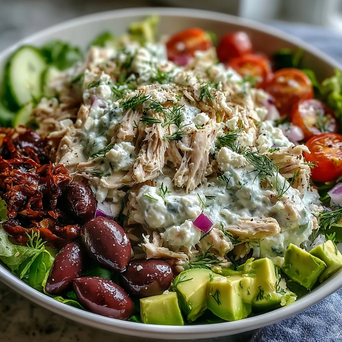 Bowl of Tzatziki Chicken Salad garnished with cherry tomatoes and olives for a Mediterranean lunch.