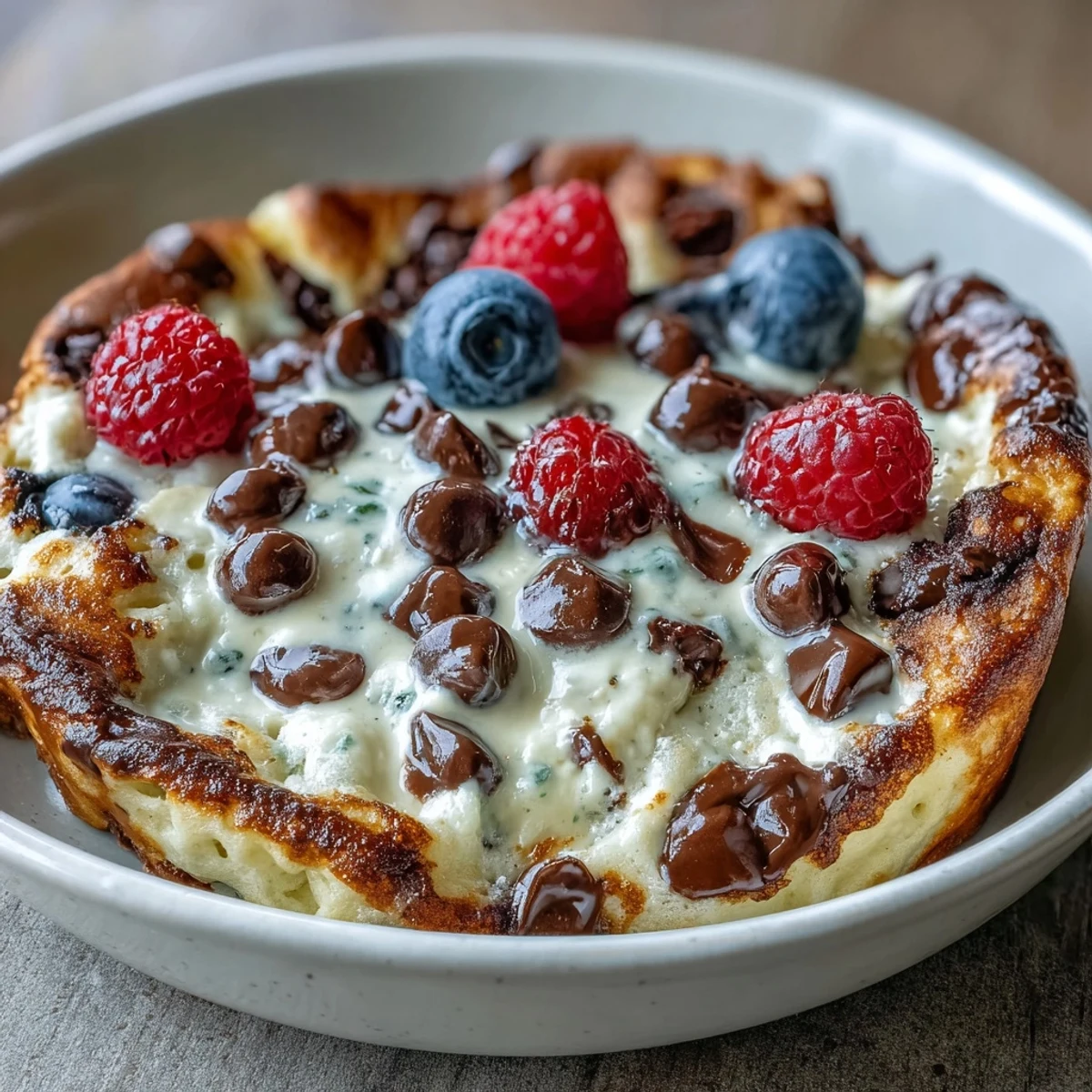 Golden-brown Baked Protein Pancake Bowl just out of the oven, featuring fluffy texture and served with a dollop of yogurt and nuts.