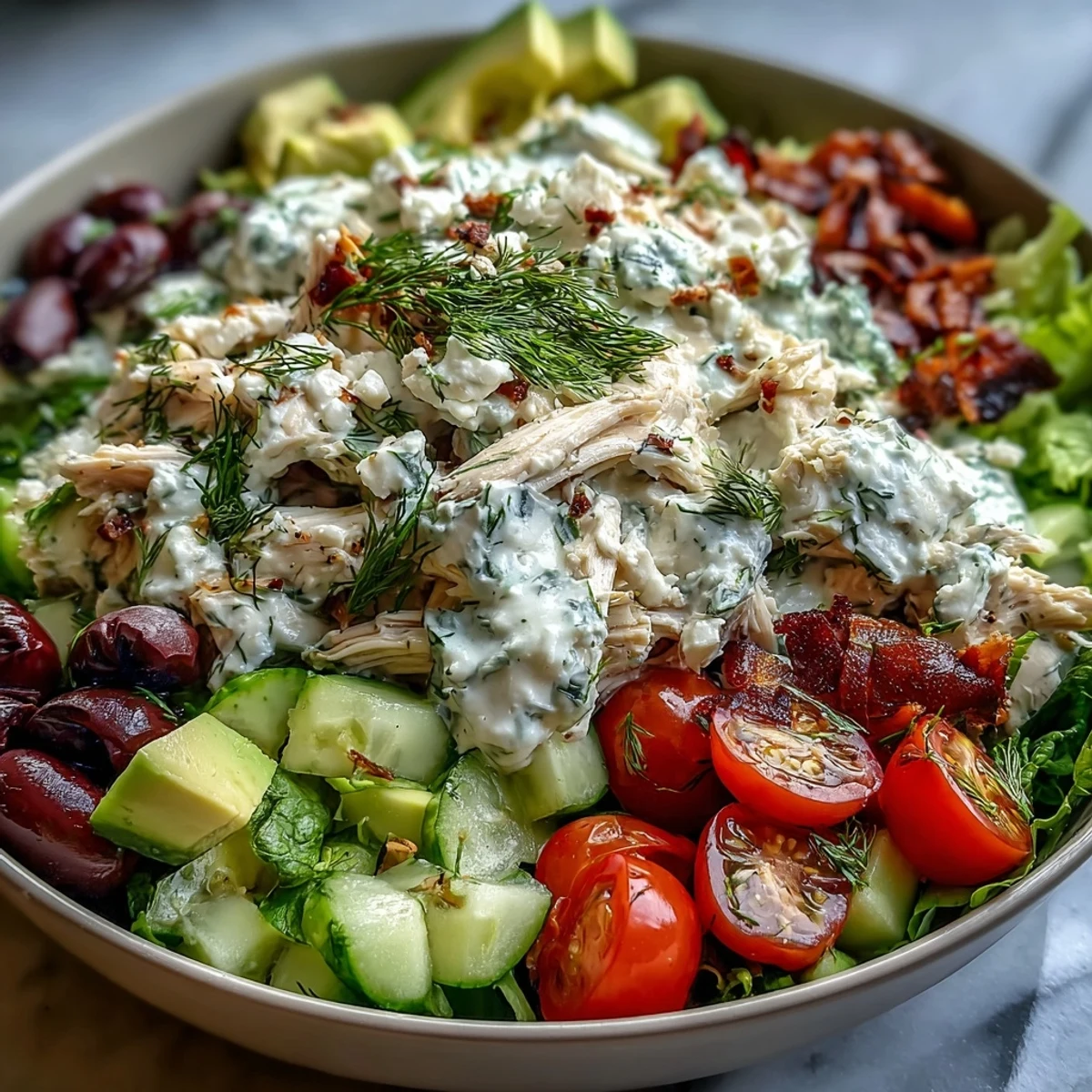 Creamy Tzatziki Chicken Salad with crisp cucumber and dill, served over fresh spinach.