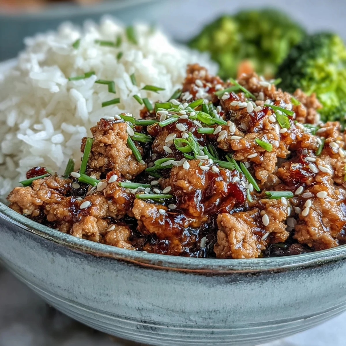 Korean-Style Ground Turkey simmered in a glossy, spicy-sweet sauce with aromatic garlic and ginger, sprinkled with toasted sesame seeds for a nutty finish.