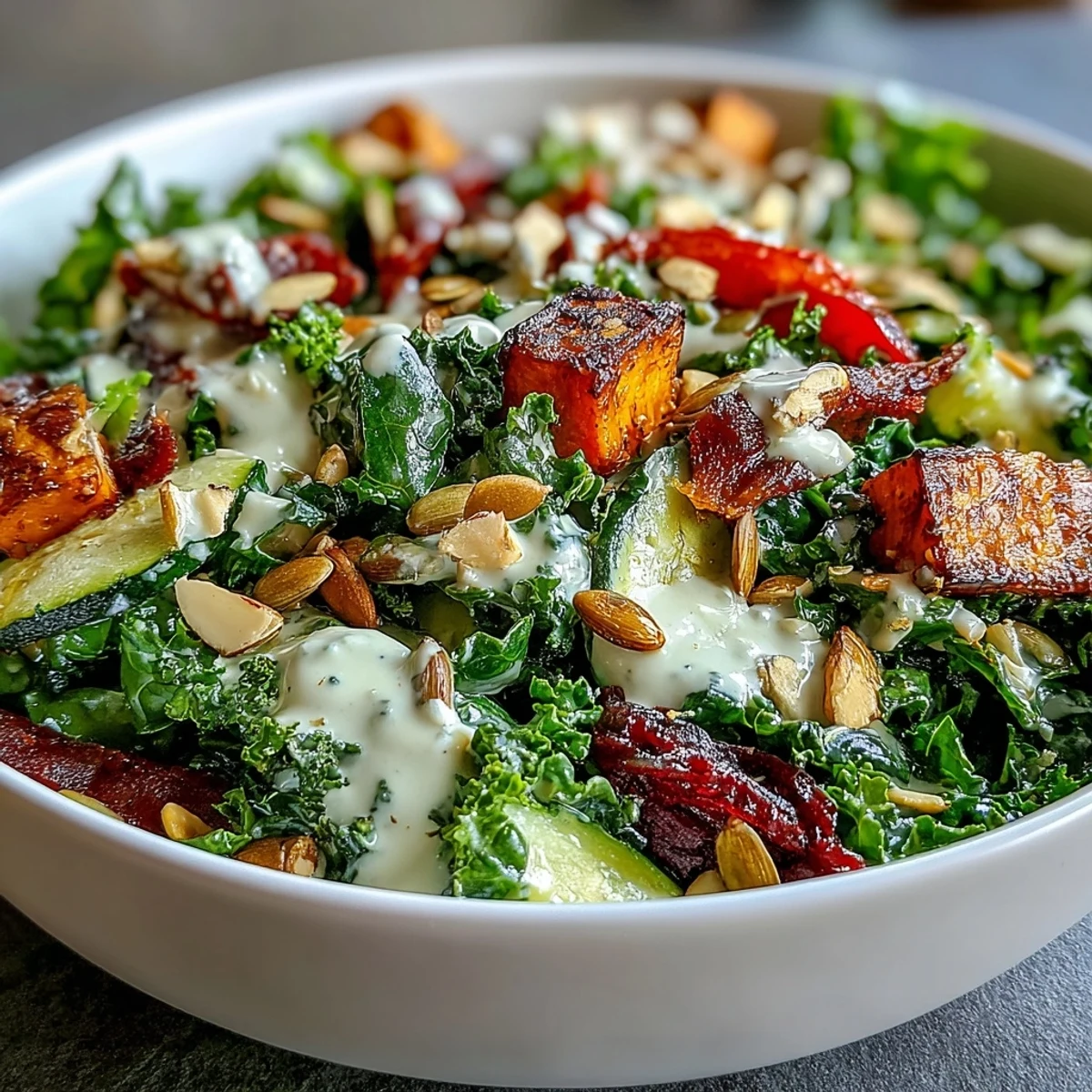 Vibrant Kale Salad Bowl with roasted sweet potatoes and red bell peppers next to creamy tahini dressing in a white bowl.